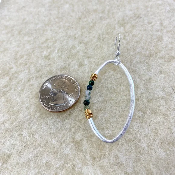 Wire Silver Gold Green Stone Jade Style Art Dangle Earrings Fashion Hoops - Picture 3 of 3